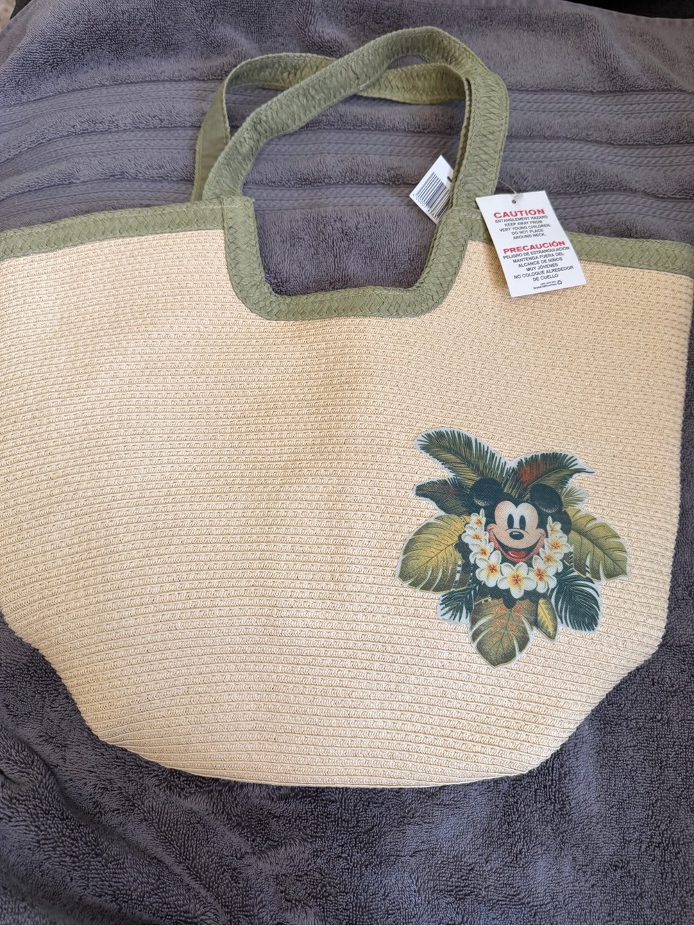Disney Aulani Mickey Wicker/Straw Tote Bag w/Green Trim - Mickey Floral Accent